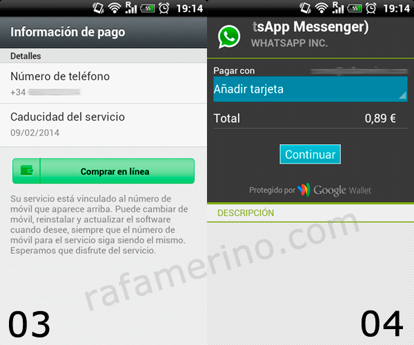 Tarjeta de pago para comprar WhatsApp en Android